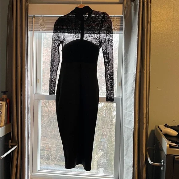 ASOS Black Lace High Neck Bodycon Midi Dress US 2 Long Sleeve Cocktail Dress - Picture 5 of 11